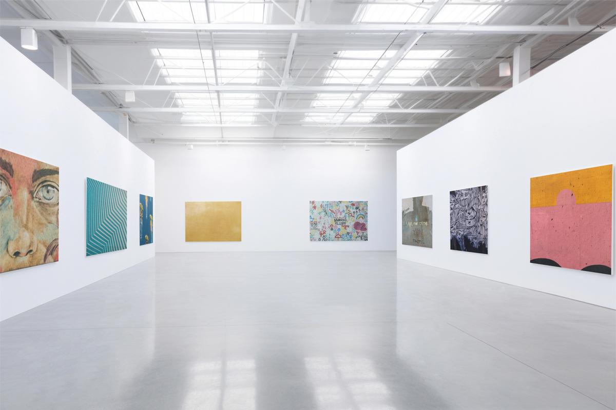 Gallery install view — panoramic room with contemporary paintings on three walls