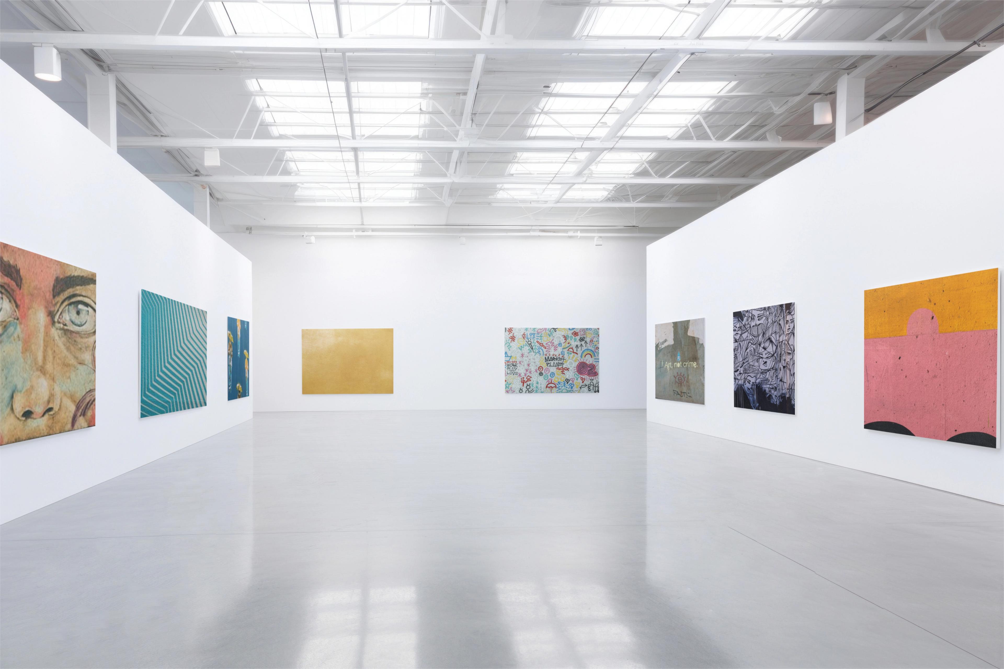 Gallery install view — panoramic room with contemporary paintings on three walls